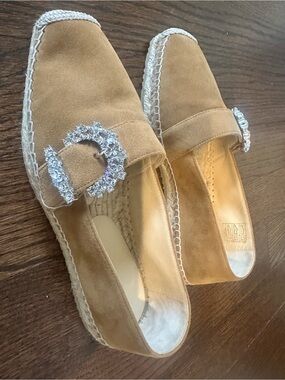 Jimmy Choo Tan Suede Espadrille Loafers with Crystal Buckle